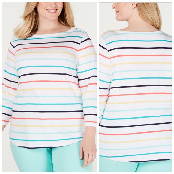 0X 2X 3X Charter Club Striped Cotton Top Plus Size - Picture 1 of 5